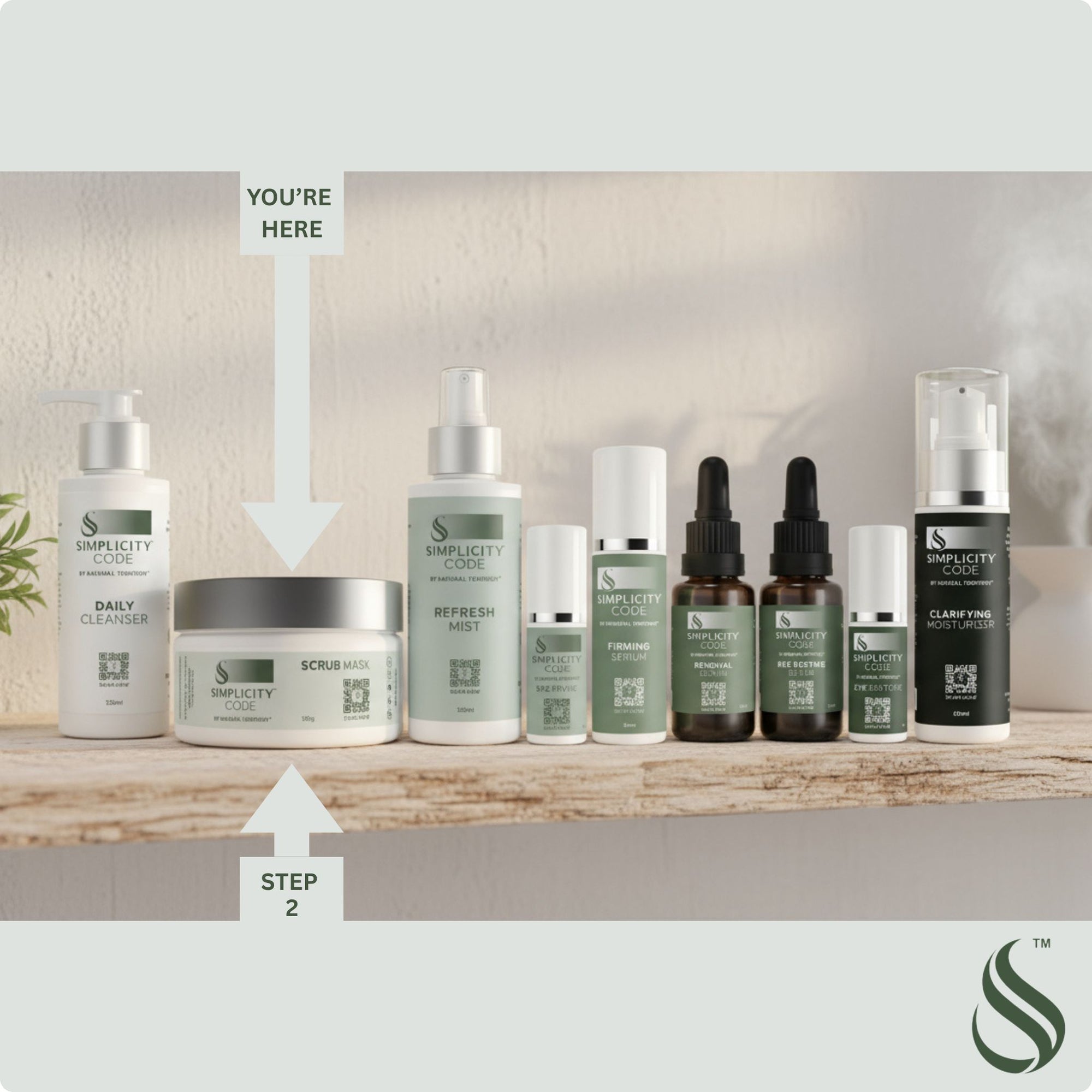 Collection of skincare products on a wooden shelf with 'Simplicity Code' branding.
