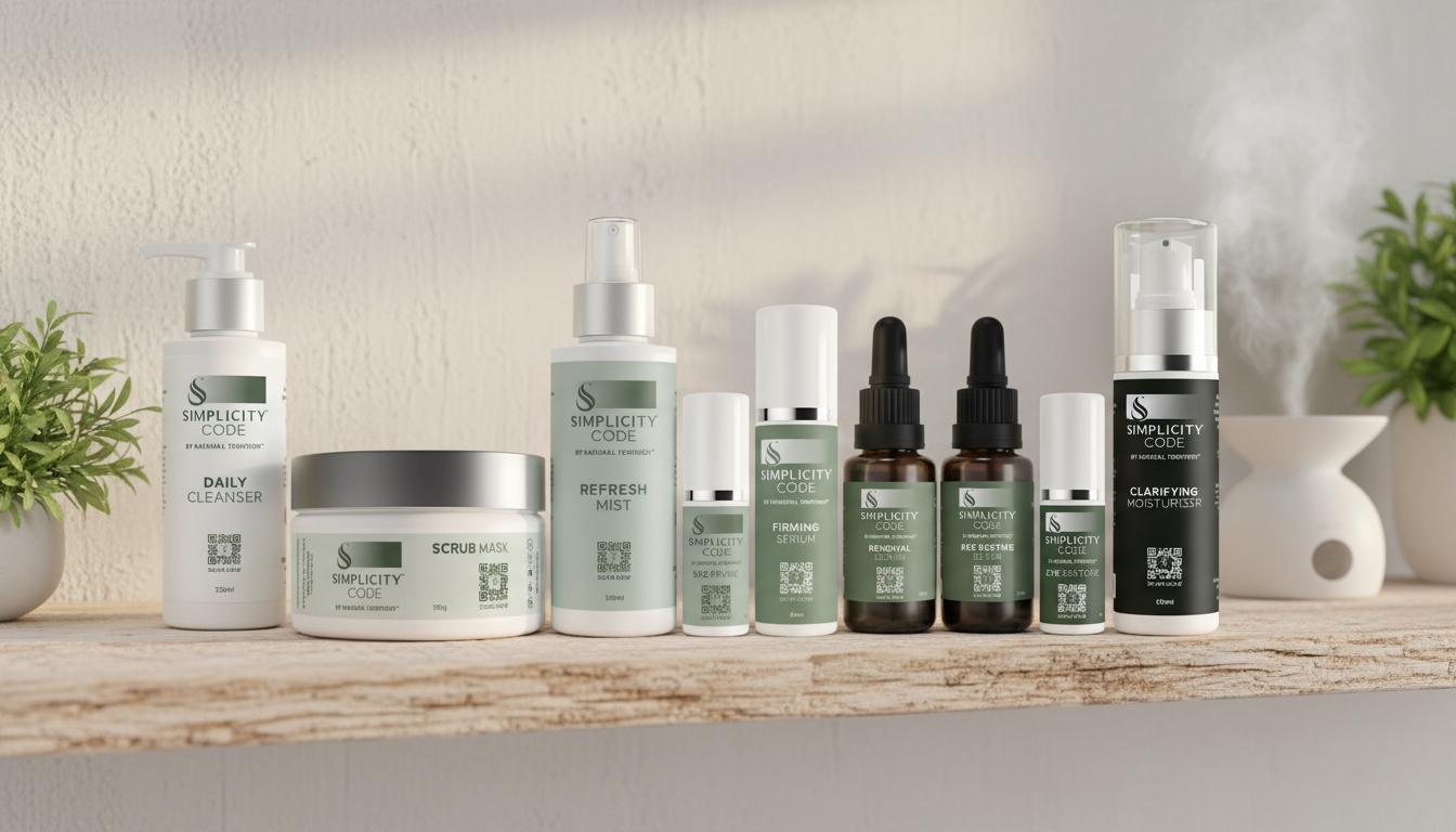 Row of Simplicity Code skincare products on a wooden shelf.