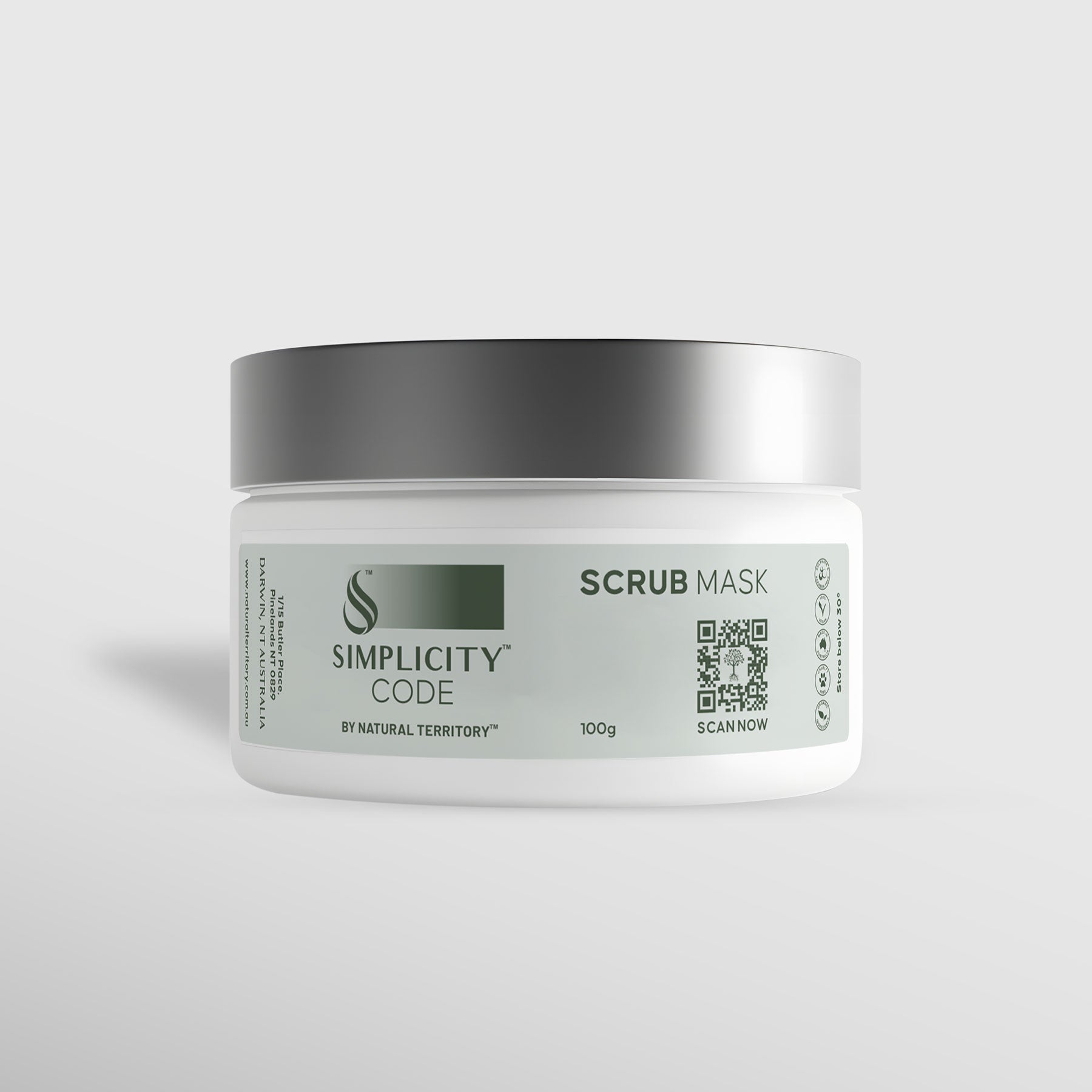 Simplicity Code scrub mask in a jar